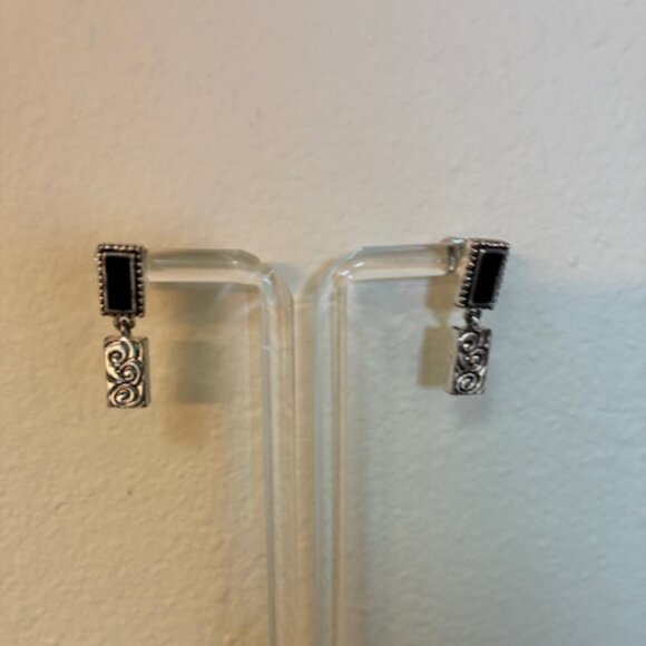 Earrings - dangling silver tone and black. - Picture 1 of 3
